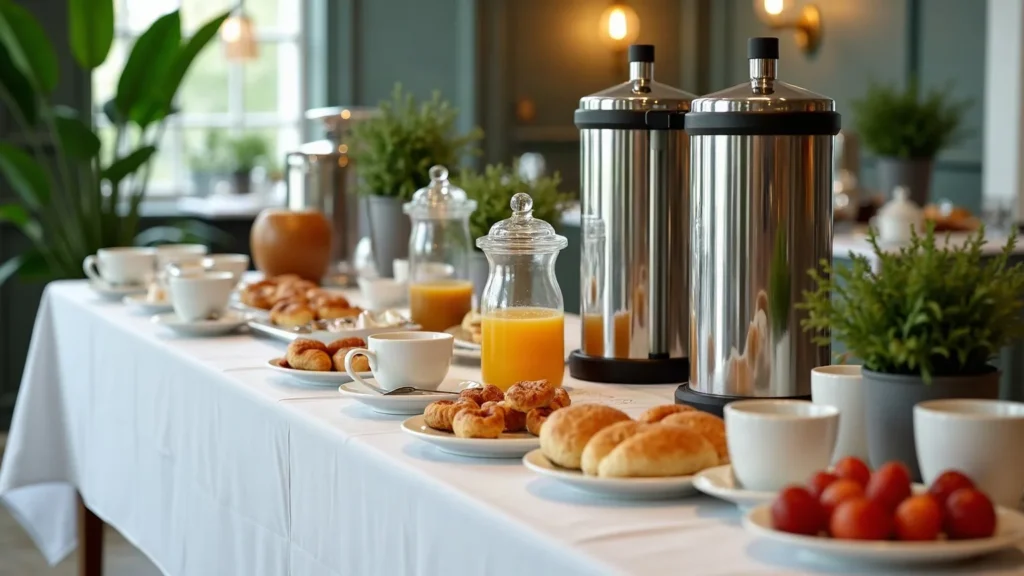 Τραπέζι coffee break με θερμοδοχεία καφέ, φλιτζάνια, χυμούς και αρτοσκευάσματα σε εταιρική εκδήλωση